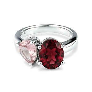 Pear Rose Quartz & Oval Garnet Toi et Moi Ring - Twin Reverie 925 Sterling Silver Front View