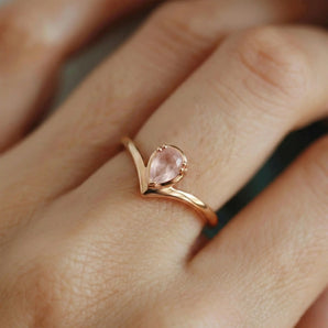 Pear Rose Quartz V Band Ring - Chevron 18KT Rose Gold Vermeil Model Shot