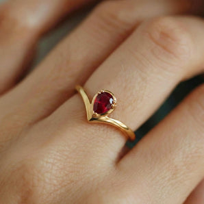 Pear Ruby V Band Ring - Chevron 18KT Yellow Gold Vermeil Model Shot