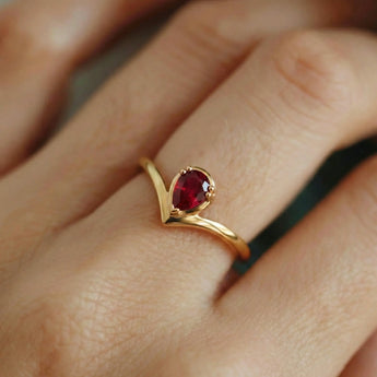 Pear Ruby V Band Ring - Chevron 18KT Yellow Gold Vermeil Model Shot