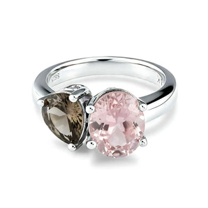 Pear Smoky Quartz & Oval Rose Quartz Toi et Moi Ring - Twin Reverie 925 Sterling Silver Front View