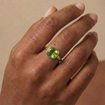 Peridot Cushion Ring - Pure Hush 18KT Yellow Gold Vermeil Worn View