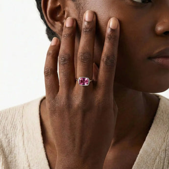 Pink Tourmaline Cushion Ring - Pure Hush 925 Sterling Silver Model Shot