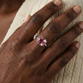 Pink Tourmaline Cushion Ring - Pure Hush 925 Sterling Silver Worn View