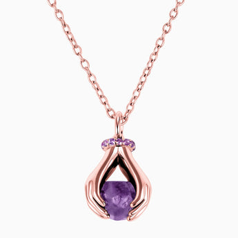 Raw Amethyst Cradle Necklace - Guardian Hands 18KT Rose Gold Vermeil Front View