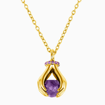 Raw Amethyst Cradle Necklace - Guardian Hands 18KT Yellow Gold Vermeil Front View