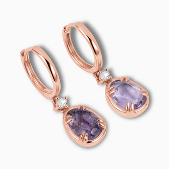 Raw Amethyst Huggie Hoop Earrings - Sacred Wrap 18KT Rose Gold Vermeil Side View