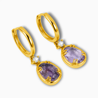 Raw Amethyst Huggie Hoop Earrings - Sacred Wrap 18KT Yellow Gold Vermeil Side View