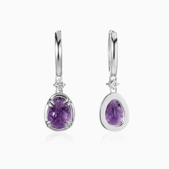 Raw Amethyst Huggie Hoop Earrings - Sacred Wrap 925 Sterling Silver Front View