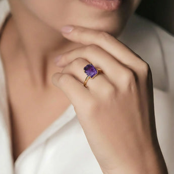 Raw Amethyst Ring - Freeform 18KT Yellow Gold Vermeil Model Shot