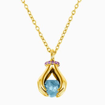 Raw Aquamarine Cradle Necklace - Guardian Hands 18KT Yellow Gold Vermeil Front View