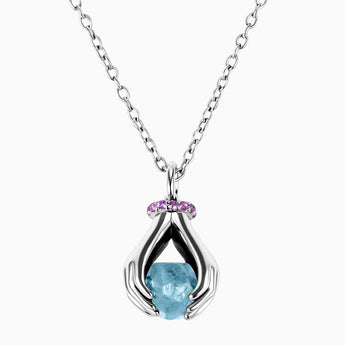 Raw Aquamarine Cradle Necklace - Guardian Hands 925 Sterling Front View