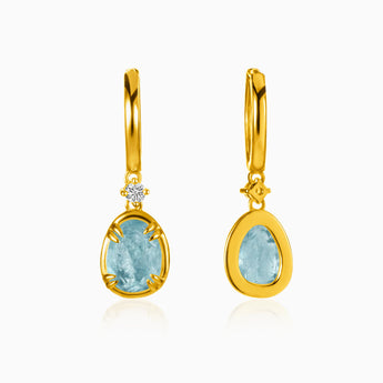 Raw Aquamarine Huggie Hoop Earrings - Sacred Wrap 18KT Yellow Gold Vermeil Front View