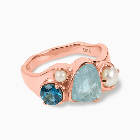 Raw Aquamarine & Round London Blue Topaz Wavy Ring - Rolling Tides 18KT Rose Gold Vermeil Front View