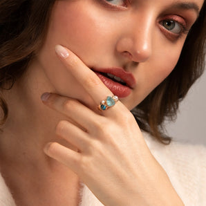 Raw Aquamarine & Round London Blue Topaz Wavy Ring - Rolling Tides 18KT Rose Gold Vermeil Model Shot