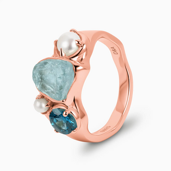 Raw Aquamarine & Round London Blue Topaz Wavy Ring - Rolling Tides 18KT Rose Gold Vermeil Side View