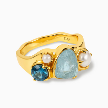 Raw Aquamarine & Round London Blue Topaz Wavy Ring - Rolling Tides 18KT Yellow Gold Vermeil Front View