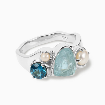 Raw Aquamarine & Round London Blue Topaz Wavy Ring - Rolling Tides 925 Sterling Silver Front View