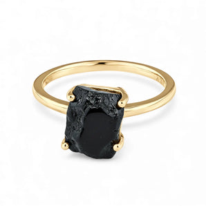 Raw Black Onyx Ring - Freeform 18KT Yellow Gold Vermeil Front View