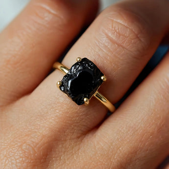 Raw Black Onyx Ring - Freeform 18KT Yellow Gold Vermeil Worn View