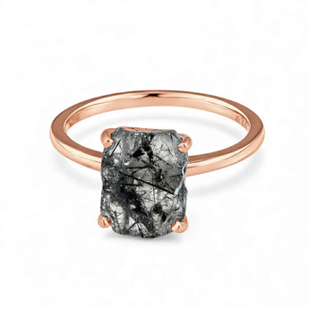 Raw Black Rutilated Quartz Ring - Freeform 18KT Rose Gold Vermeil Front View