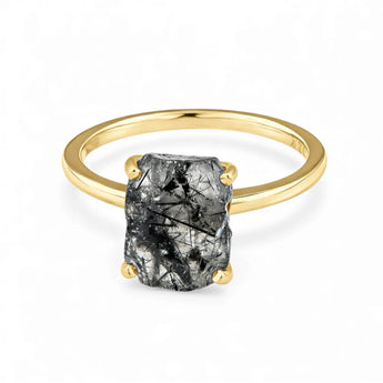 Raw Black Rutilated Quartz Ring - Freeform 18KT Yellow Gold Vermeil Front View