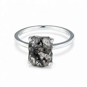 Raw Black Rutilated Quartz Ring - Freeform 925 Sterling Silver Front View