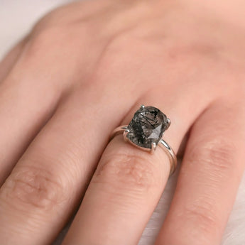 Raw Black Rutilated Quartz Ring - Freeform 925 Sterling Silver Worn View