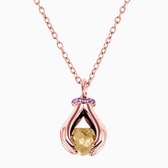 Raw Citrine Cradle Necklace - Guardian Hands 18KT Rose Gold Vermeil Front View