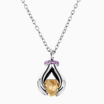 Raw Citrine Cradle Necklace - Guardian Hands 925 Sterling Front View