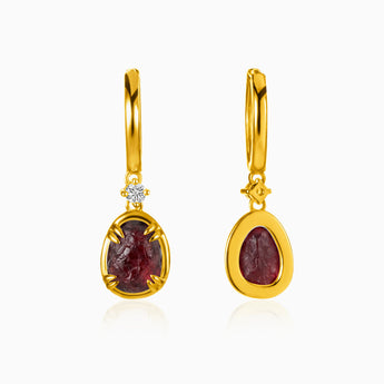 Raw Garnet Huggie Hoop Earrings - Sacred Wrap 18KT Yellow Gold Vermeil Front View