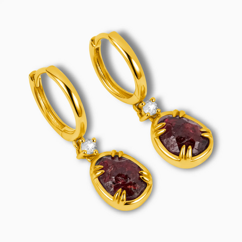 Raw Garnet Huggie Hoop Earrings - Sacred Wrap 18KT Yellow Gold Vermeil Side View
