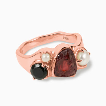 Raw Garnet & Round Black Onyx Wavy Ring - Rolling Tides 18KT Rose Gold Vermeil Front View