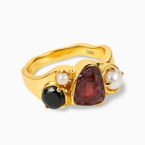 Raw Garnet & Round Black Onyx Wavy Ring - Rolling Tides 18KT Yellow Gold Vermeil Front View