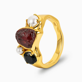 Raw Garnet & Round Black Onyx Wavy Ring - Rolling Tides 18KT Yellow Gold Vermeil Side View