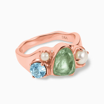 Raw Green Amethyst & Round Aquamarine Wavy Ring - Rolling Tides 18KT Rose Gold Vermeil Front View
