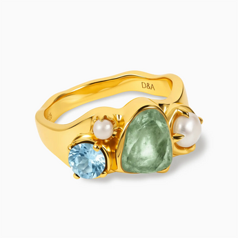 Raw Green Amethyst & Round Aquamarine Wavy Ring - Rolling Tides 18KT Yellow Gold Vermeil Front View