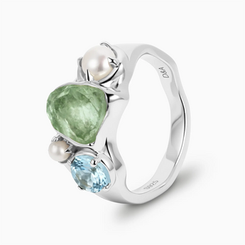 Raw Green Amethyst & Round Aquamarine Wavy Ring - Rolling Tides 925 Sterling Silver Side View