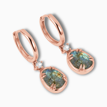 Raw Labradorite Huggie Hoop Earrings - Sacred Wrap 18KT Rose Gold Vermeil Side View