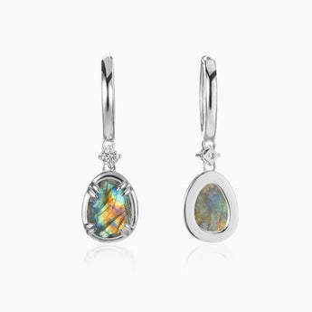 Raw Labradorite Huggie Hoop Earrings - Sacred Wrap 925 Sterling Silver Front View