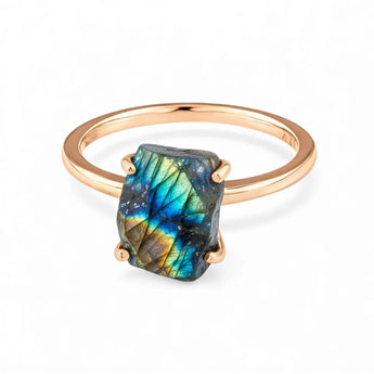 Raw Labradorite Ring - Freeform 18KT Rose Gold Vermeil Front View