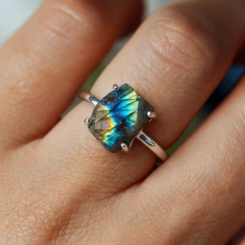 Raw Labradorite Ring - Freeform 925 Sterling Silver Worn View