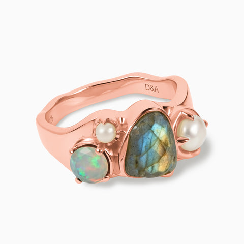 Raw Labradorite & Round Opal Wavy Ring - Rolling Tides 18KT Rose Gold Vermeil Front View