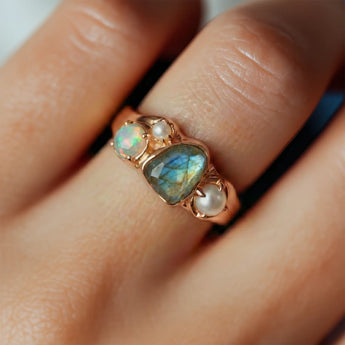 Raw Labradorite & Round Opal Wavy Ring - Rolling Tides 18KT Rose Gold Vermeil Model Shot