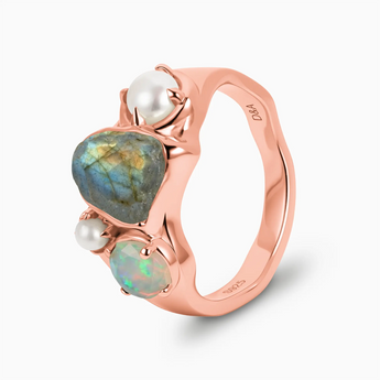 Raw Labradorite & Round Opal Wavy Ring - Rolling Tides 18KT Rose Gold Vermeil Side View