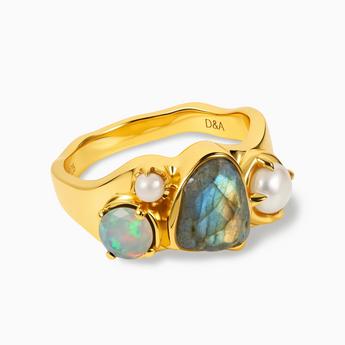 Raw Labradorite & Round Opal Wavy Ring - Rolling Tides 18KT Yellow Gold Vermeil Front View
