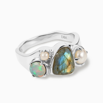 Raw Labradorite & Round Opal Wavy Ring - Rolling Tides 925 Sterling Silver Front View