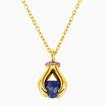 Raw Lapis Lazuli Cradle Necklace - Guardian Hands 18KT Yellow Gold Vermeil Front View