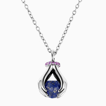 Raw Lapis Lazuli Cradle Necklace - Guardian Hands 925 Sterling Front View