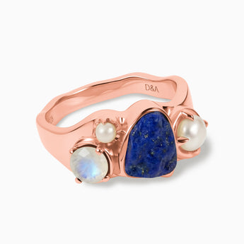 Raw Lapis Lazuli & Round Moonstone Wavy Ring - Rolling Tides 18KT Rose Gold Vermeil Front View